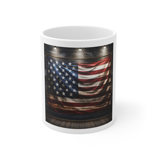 Hanging American Flag Coffee Mug – Rustic Wood Wall USA Flag Mug – Vintage Americana Banner Mug – Patriotic Coffee Cup American Flag 11oz Coffee Mug – Rustic USA Patriotic Pride Gift