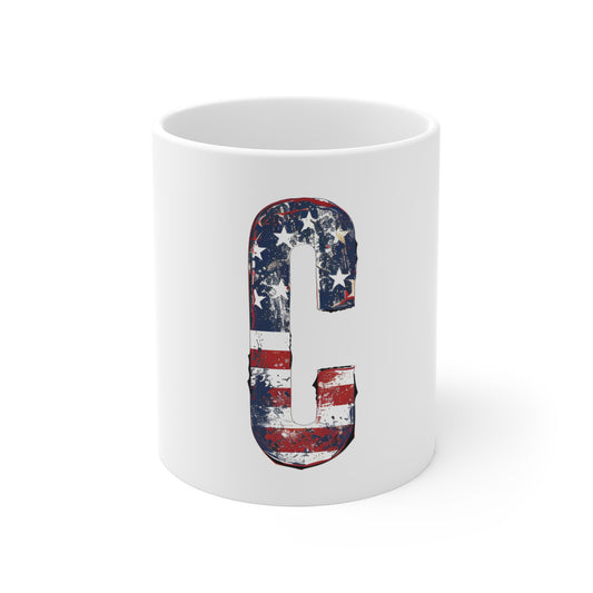 Patriotic Letter C Coffee Mug – American Flag Initial Mug – Distressed USA Monogram Mug – Vintage Americana Alphabet Gift Mug 11oz
