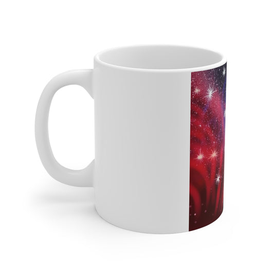 Patriotic Starry Wave Coffee Mug – Red Blue Galaxy Mug – Sparkle Americana Cup – Cosmic USA Flag Design Galaxy Starfield 11oz Coffee Mug — Red & Blue Cosmic Space Design