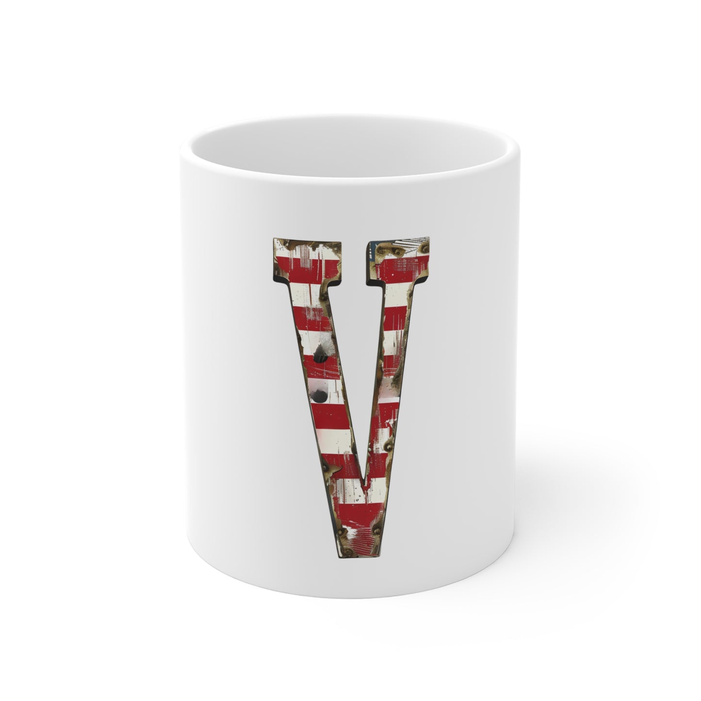 Patriotic Letter V Coffee Mug – American Flag Initial Mug – Vintage USA Monogram Mug – Distressed Americana Alphabet Gift Mug 11oz