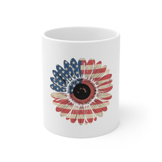 American Flag Daisy Mug — Patriotic 11oz Coffee Cup for 4th of July & Everyday