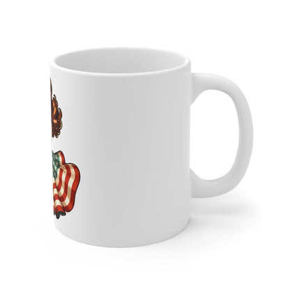 Patriotic Vintage Dress Mug – Retro Americana Pin-Up Coffee Mug – Stars and Stripes Skirt Cup – Classic USA Woman Mug – Fourth of July Gift Patriotic Pin-Up 11oz Mug