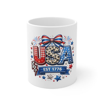 USA EST 1776 Patriotic Bow Mug – Red White Blue Vintage America Coffee Cup – Fourth of July USA Pride Mug 11oz
