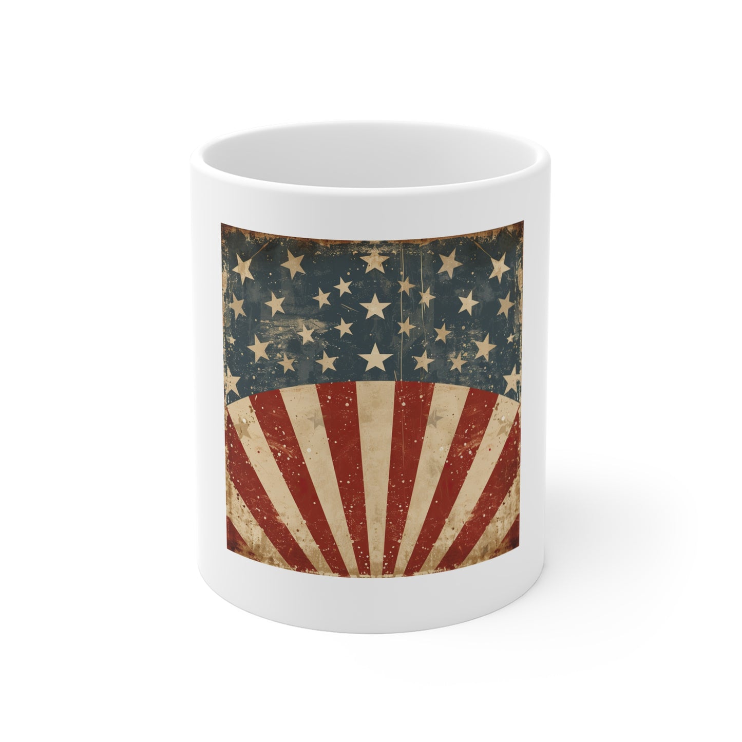 Vintage American Flag Coffee Mug – Retro Rising Sun Patriotic Mug – Distressed USA Star & Stripe Cup – Classic Americana Heritage Gift Vintage American Flag Mug — Patriotic 11oz Coffee Cup