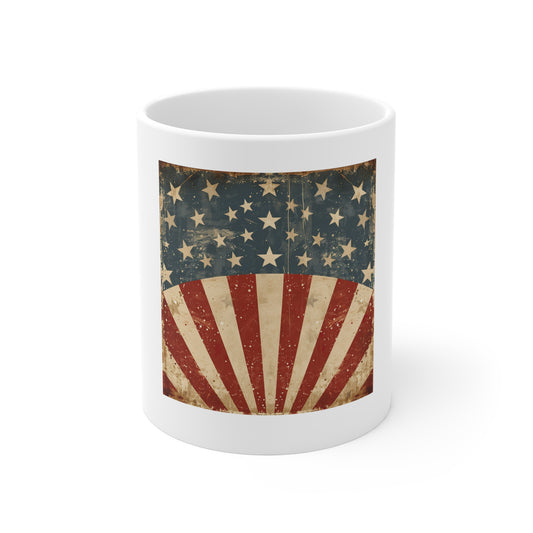 Vintage American Flag Coffee Mug – Retro Rising Sun Patriotic Mug – Distressed USA Star & Stripe Cup – Classic Americana Heritage Gift Vintage American Flag Mug — Patriotic 11oz Coffee Cup
