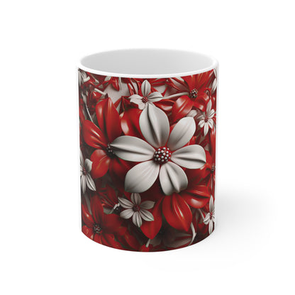 Patriotic 3D Floral Coffee Mug – Red White Flower Mug – Sculpted Botanical Art Cup – Bold Americana Flower Mug Red & White Floral Ceramic Mug — 11oz Decorative Flower Pattern Coffee Cup