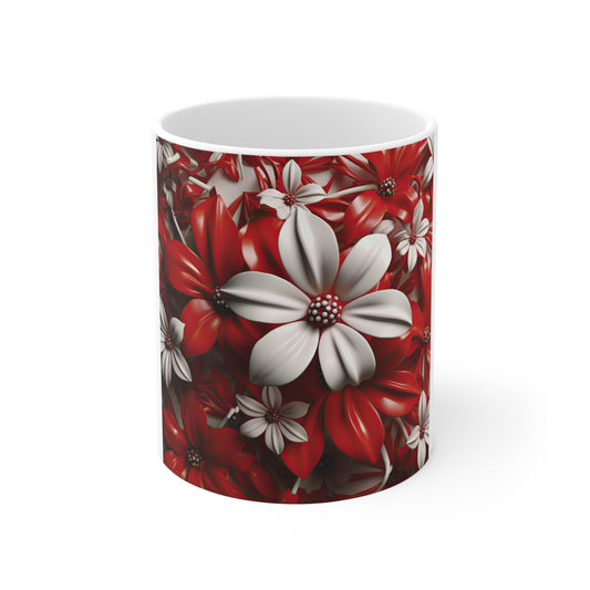 Patriotic 3D Floral Coffee Mug – Red White Flower Mug – Sculpted Botanical Art Cup – Bold Americana Flower Mug Red & White Floral Ceramic Mug — 11oz Decorative Flower Pattern Coffee Cup