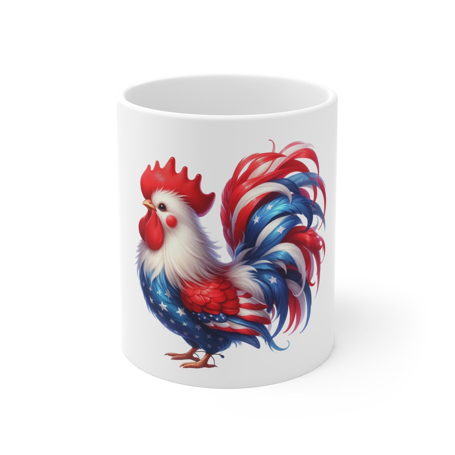 Patriotic Rooster Coffee Mug – Red White Blue Americana Chicken Mug – USA Flag Feather Farmhouse Cup – Bold Freedom Gift Mug 11oz