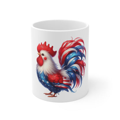 Patriotic Rooster Coffee Mug – Red White Blue Americana Chicken Mug – USA Flag Feather Farmhouse Cup – Bold Freedom Gift Mug 11oz