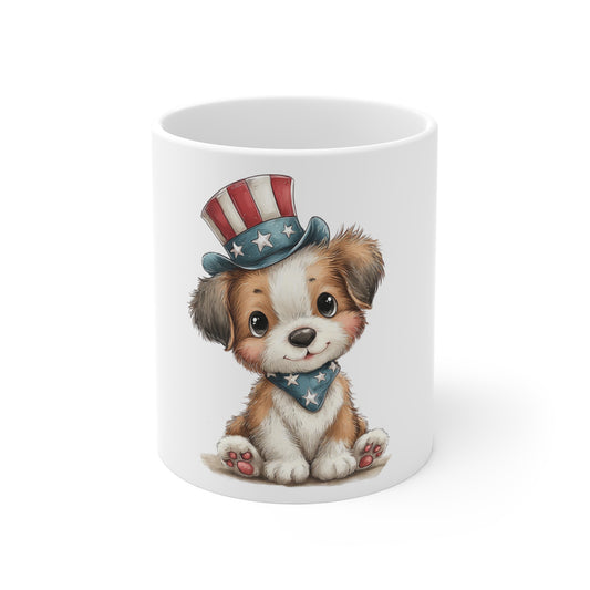 Cute Patriotic Puppy Uncle Sam Hat Mug – 4th of July Dog Coffee Mug – Americana Puppy Cup – Red White Blue Pet Lover Gift Patriotic Puppy Coffee Mug — Cute Puppy with American Flag Hat (11oz)