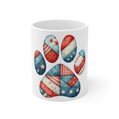 Patchwork Americana Paw Coffee Mug – Soft Vintage Patriotic Dog Paw Mug – Red White Blue Quilt Style Mug – USA Dog Lover Gift Patriotic Paw Print Mug – 11oz American Flag Pet Lover Coffee Cup