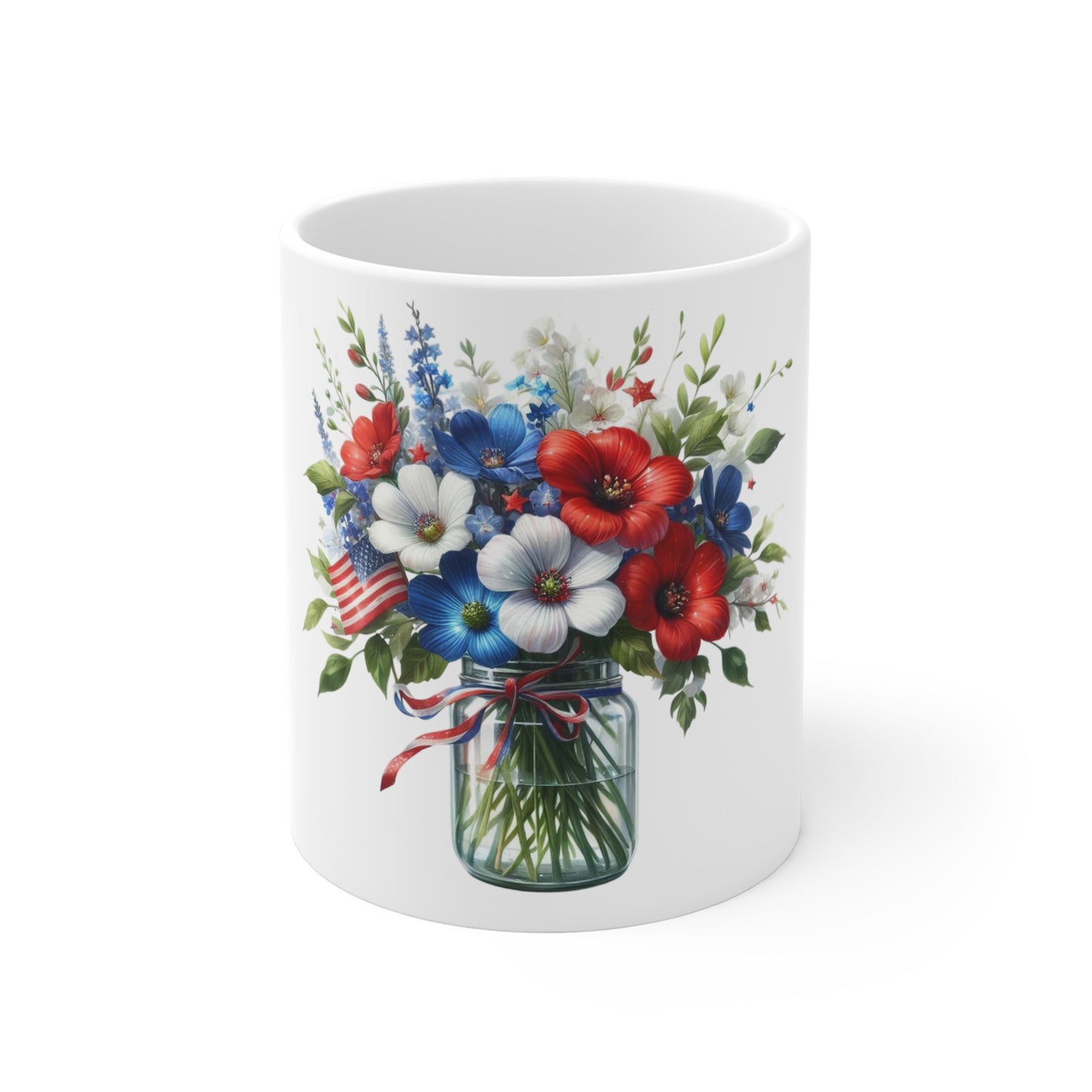 Patriotic Wildflower Mason Jar Coffee Mug – Red White Blue Floral Bouquet Mug – Americana Garden Flag Cup – 4th of July Gift Patriotic Red White Blue Floral Mug — 11oz Vase Bouquet with American Flag...