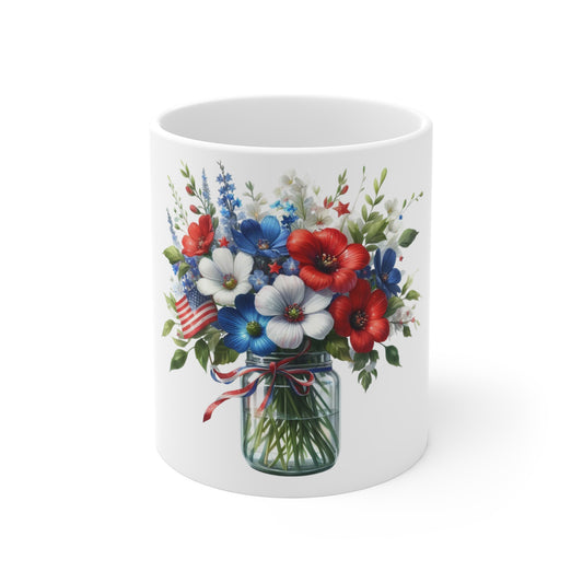 Patriotic Wildflower Mason Jar Coffee Mug – Red White Blue Floral Bouquet Mug – Americana Garden Flag Cup – 4th of July Gift Patriotic Red White Blue Floral Mug — 11oz Vase Bouquet with American Flag...