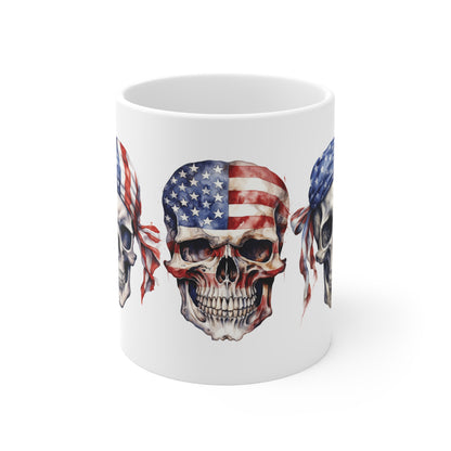American Flag Skull Mug — 11oz Patriotic Bandana Skull Coffee Cup for Veterans & Bikers
