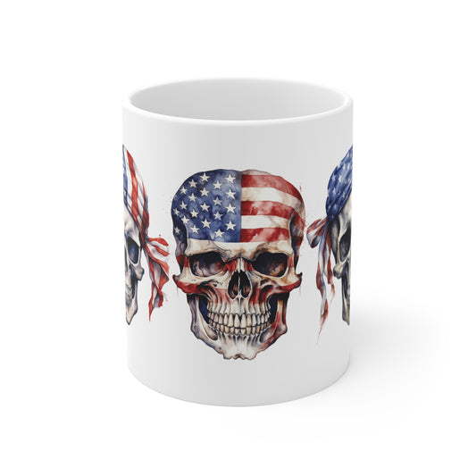 American Flag Skull Mug — 11oz Patriotic Bandana Skull Coffee Cup for Veterans & Bikers