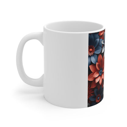 Patriotic 3D Floral Pattern Coffee Mug – Red Blue Layered Flower Mug – Modern Sculpted Botanical Cup – Bold Americana Design Mug Floral Pattern 11oz Mug — Red & Blue Vintage Flower Design