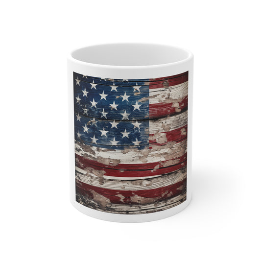 Peeling Barnwood American Flag Coffee Mug – Heavy Flake Distressed USA Flag Mug – Rustic Weathered Wood Patriotic Cup – Vintage Americana Mug Rustic American Flag 11oz Coffee Mug — Patriotic Vintage...