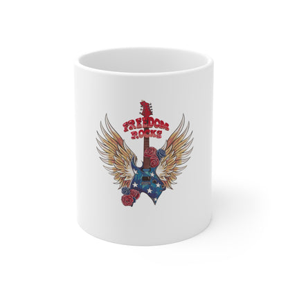 Freedom Rocks Guitar Mug — Patriotic Winged Guitar & Roses 11oz