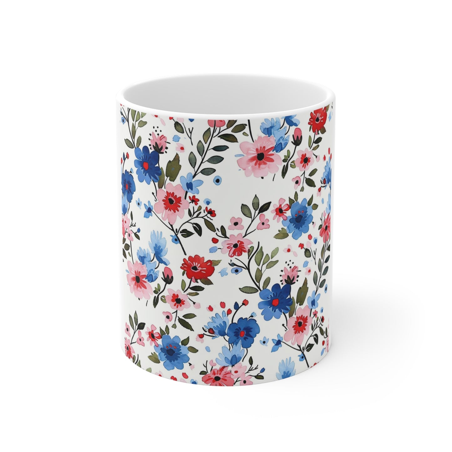 Patriotic Botanical Floral Coffee Mug – Red White Blue Wildflower Mug – Elegant Americana Garden Cup – Modern Floral Mug Floral Blue & Pink Pattern Mug — 11oz Ceramic Coffee Cup