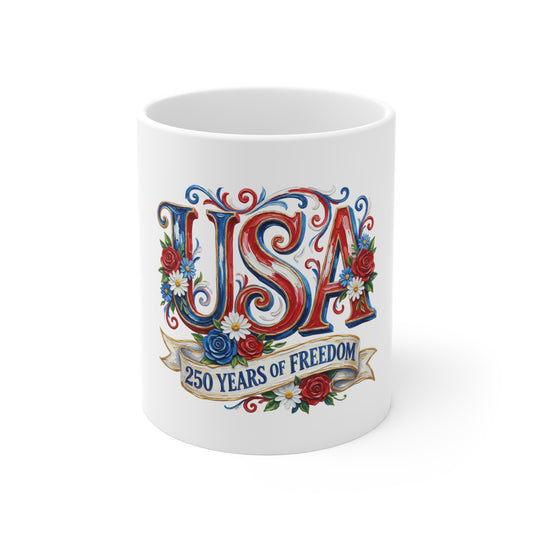 USA 250 Years of Freedom Coffee Mug — Patriotic 11oz Independence Day Gift