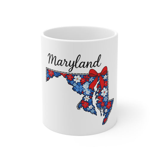 Maryland Floral State Map Mug — Red, White & Blue Maryland Coffee Cup