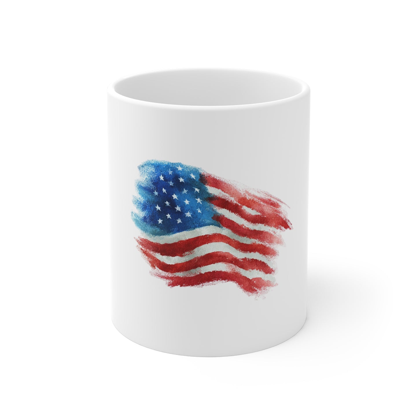 American Flag Watercolor Mug — 11oz Patriotic Coffee Cup for Fourth of July, Veterans Day, Memorial Day