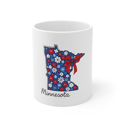 Minnesota Floral State Outline 11oz Mug — Patriotic Red & Blue Daisy Design