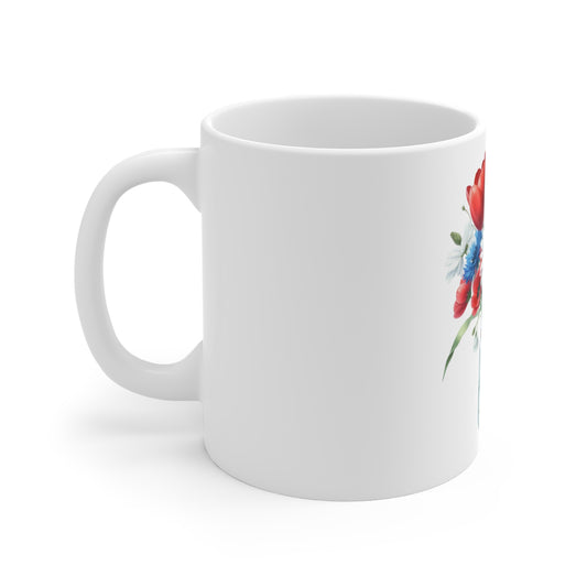 Patriotic Tulip & Daisy Mason Jar Coffee Mug – Red White Blue Floral Mug – Americana Spring Bouquet Cup – Cottagecore Gift Mug Patriotic Mason Jar Floral Mug — Red Tulips & Blue Daisies 11oz