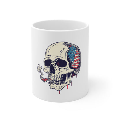 Skull with American Flag Brain Mug — 11oz Patriotic Skull Coffee Cup