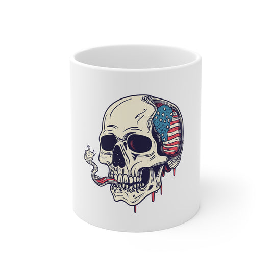 Skull with American Flag Brain Mug — 11oz Patriotic Skull Coffee Cup