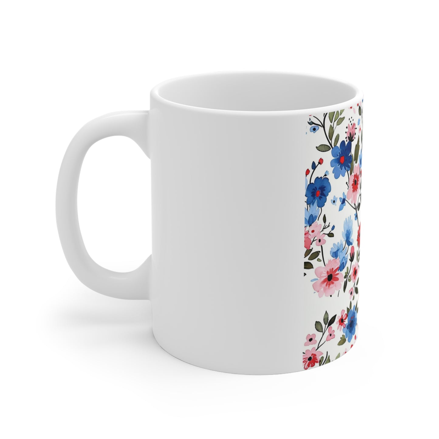 Patriotic Botanical Floral Coffee Mug – Red White Blue Wildflower Mug – Elegant Americana Garden Cup – Modern Floral Mug Floral Blue & Pink Pattern Mug — 11oz Ceramic Coffee Cup
