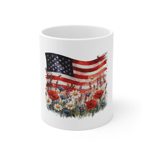 American Flag Floral Mug — Patriotic Wildflower 11oz Coffee Cup