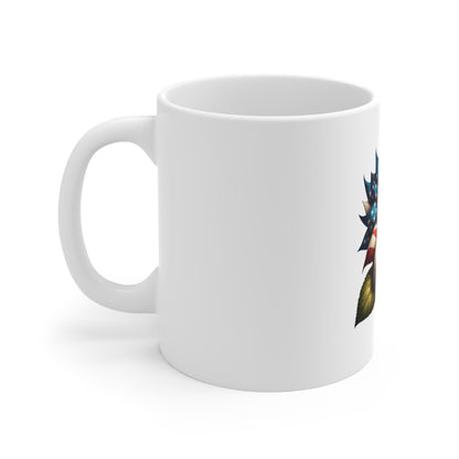 American Flag Sunflower Mug — Patriotic 11oz Coffee Cup for 4th of July & Memorial Day