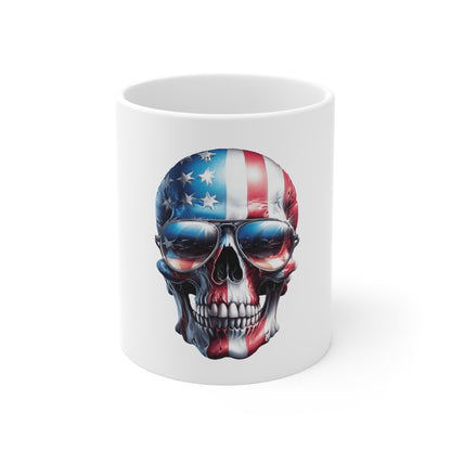 Patriotic Skull Coffee Mug – American Flag Skull with Aviator Sunglasses – Bold USA Rebel Mug – Veteran Style Gift Mug 11oz