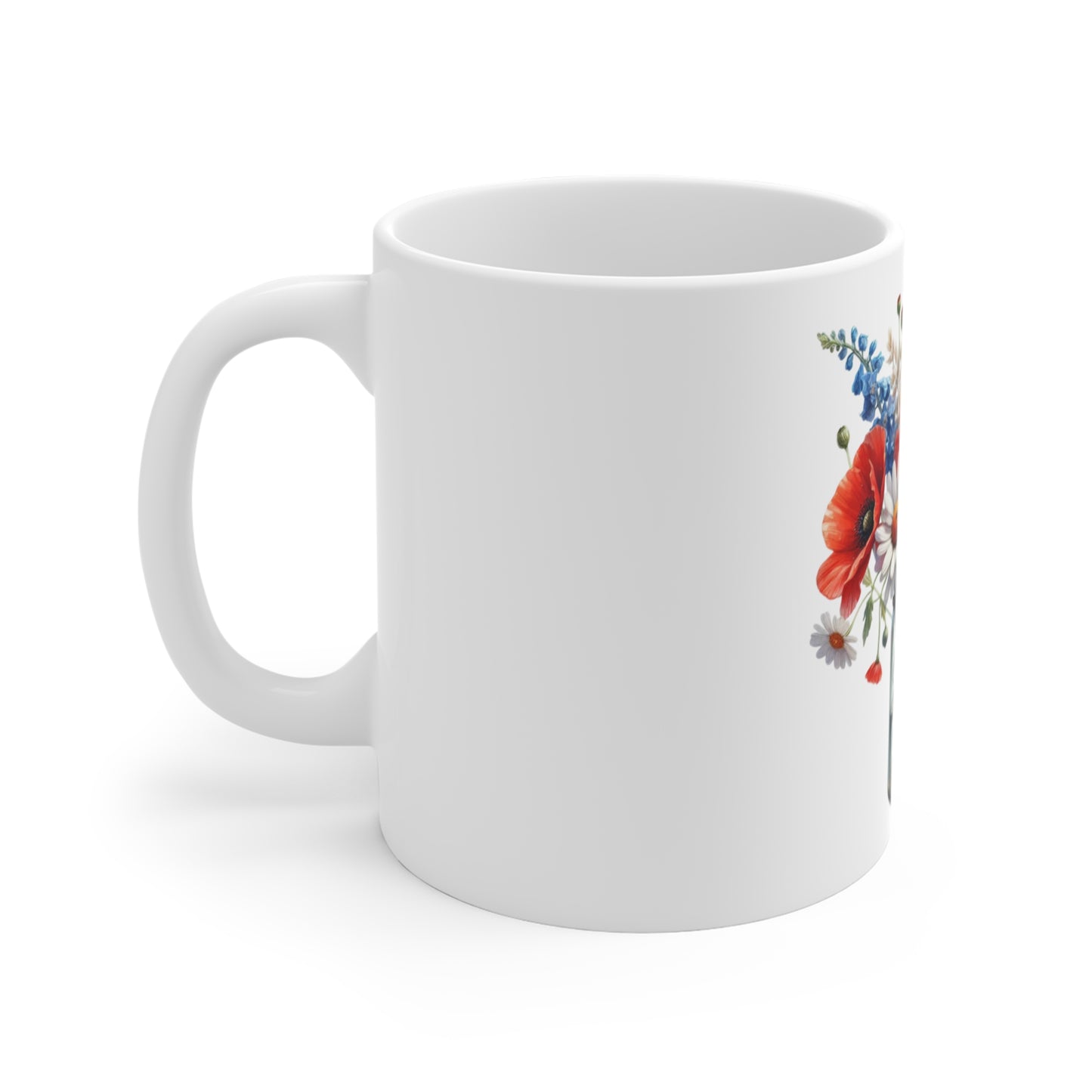 Patriotic Poppy & Daisy Mason Jar Coffee Mug – Red White Blue Wildflower Mug – Americana Floral Bouquet Cup – Summer Gift Mug Floral Mason Jar Mug — Poppies & Daisies 11oz