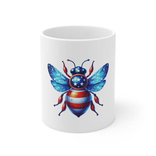 Patriotic Bee Mug — 11oz American Flag Insect Coffee Cup