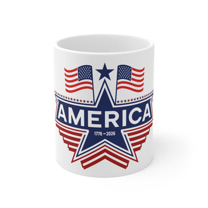 America 250 Star Emblem Coffee Mug – 1776–2026 Patriotic Flag Mug – Bold USA Anniversary Star Cup – Red White Blue Graphic Mug America Star Flag 11oz Mug – Patriotic 1776–2026 Coffee Cup