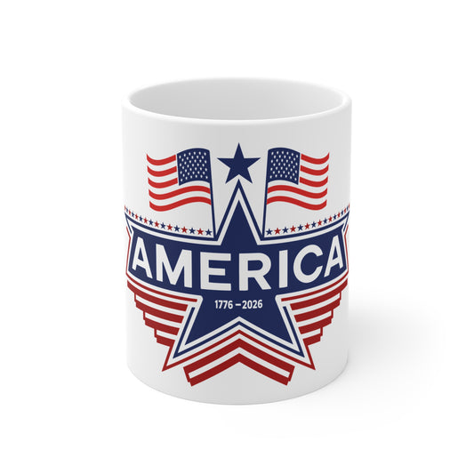 America 250 Star Emblem Coffee Mug – 1776–2026 Patriotic Flag Mug – Bold USA Anniversary Star Cup – Red White Blue Graphic Mug America Star Flag 11oz Mug – Patriotic 1776–2026 Coffee Cup
