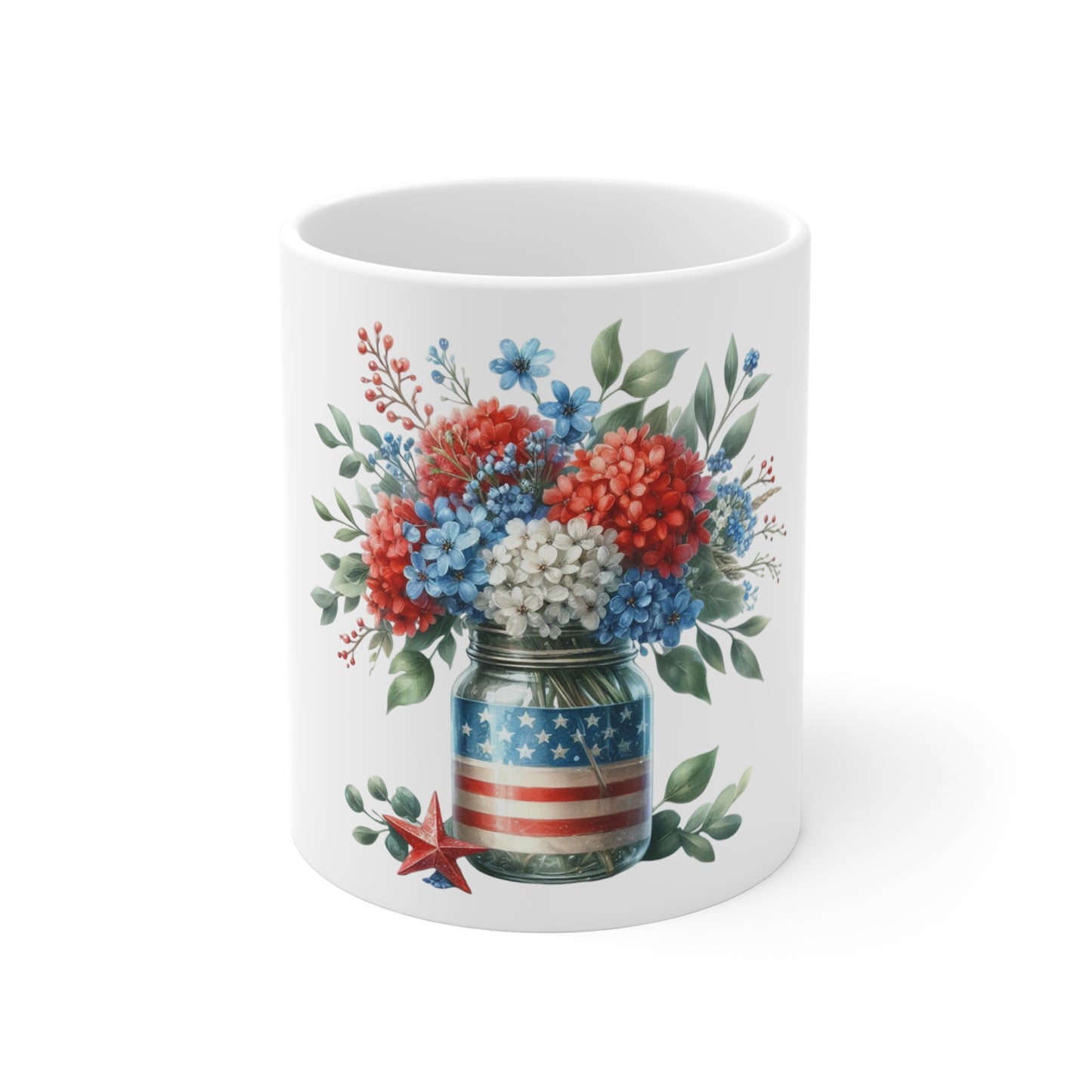 Patriotic Hydrangea Mason Jar Coffee Mug – Red White Blue Floral Flag Jar Mug – Americana Garden Flower Cup – 4th of July Gift Patriotic Mason Jar Floral Mug - 11oz Red White Blue Bouquet Coffee Cup...