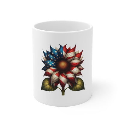 American Flag Sunflower Mug — Patriotic 11oz Coffee Cup for 4th of July & Memorial Day