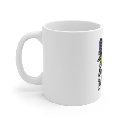 Softball Mom Patriotic Coffee Mug – American Flag Bow Softball Mug – USA Sports Mom Cup – Vintage Distressed Softball Gift Mug 11oz