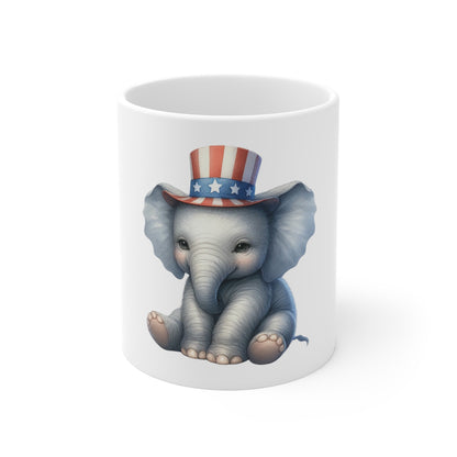 Cute Patriotic Elephant Coffee Mug – Uncle Sam Elephant Mug – Adorable Americana Animal Cup – USA Baby Elephant Gift Mug 11oz