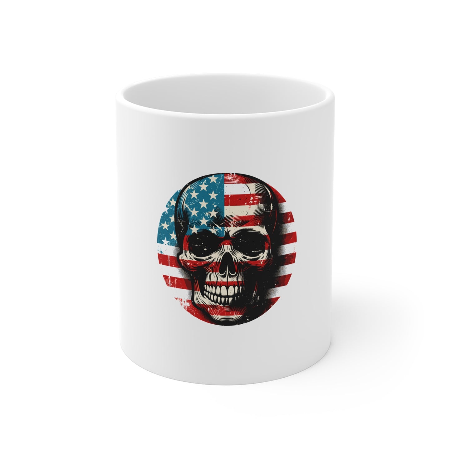 Patriotic Skull Coffee Mug – American Flag Skull Mug – Distressed USA Skull Design – Bold Americana Gothic Gift Mug 11oz