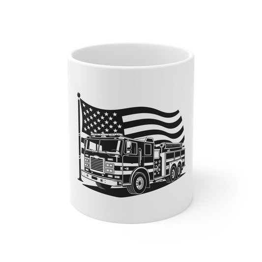 Patriotic Firefighter Coffee Mug – American Flag Fire Truck Mug – Fireman Gift Mug – USA First Responder Tribute Cup Mug 11oz