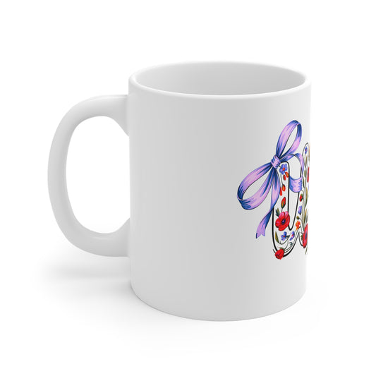 Floral USA 11oz Ceramic Mug — Patriotic Red Poppy & Ribbon Coffee Cup