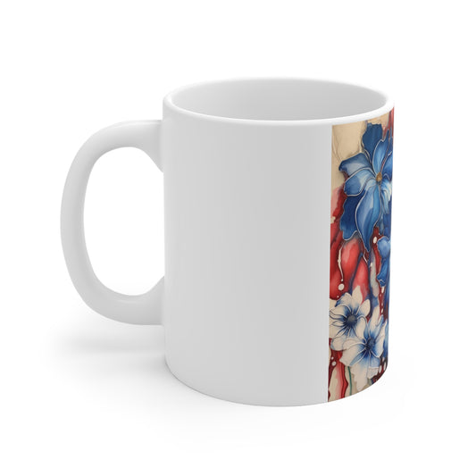 Patriotic Blue Floral Coffee Mug – Layered Watercolor Flower Mug – Red White Blue Botanical Art Cup – Elegant Americana Mug Floral Stars Red White & Blue 11oz Ceramic Mug