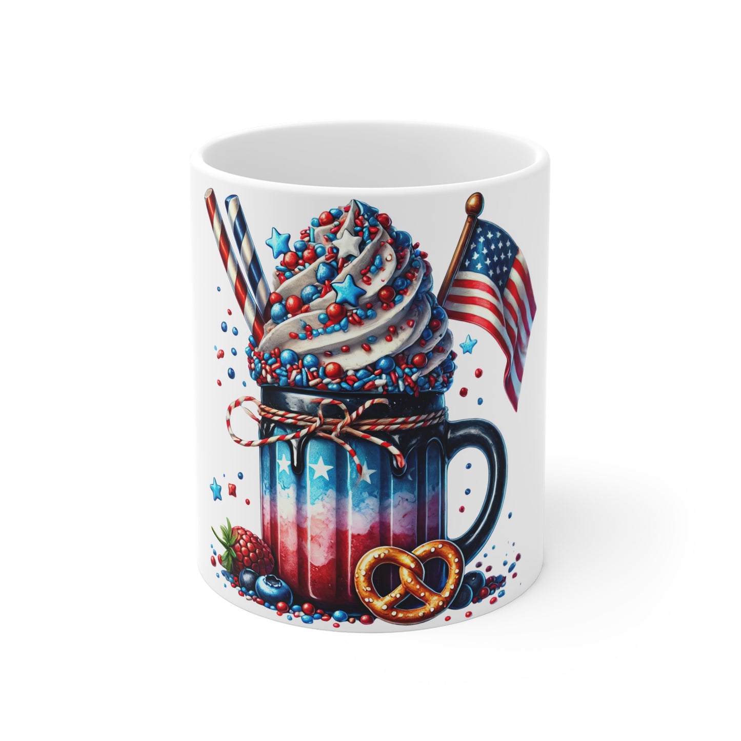 Patriotic Stars & Sprinkles Coffee Mug – 4th of July Milkshake Mug – Red White Blue Ice Cream Sundae Cup with American Flag Patriotic 4th of July Mug — Red, White & Blue Dessert Design (11oz)
