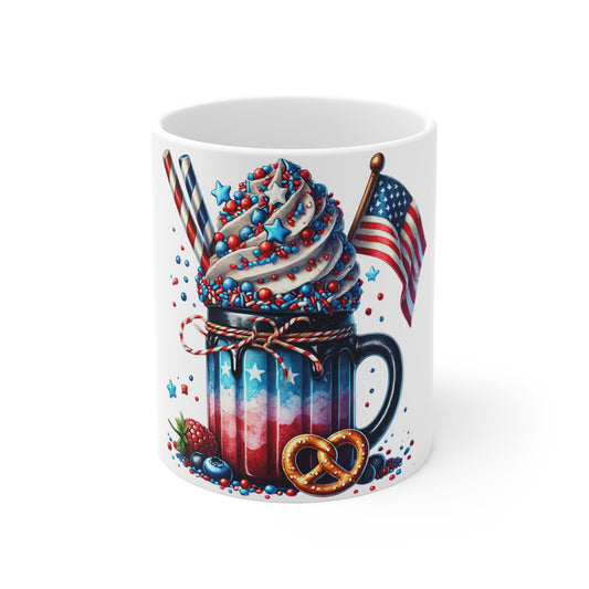 Patriotic Stars & Sprinkles Coffee Mug – 4th of July Milkshake Mug – Red White Blue Ice Cream Sundae Cup with American Flag Patriotic 4th of July Mug — Red, White & Blue Dessert Design (11oz)