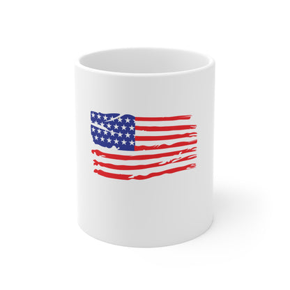 Distressed American Flag Coffee Mug – Brush Stroke USA Flag Mug – Patriotic Vintage Style Cup – Red White Blue Americana Gift Mug 11oz