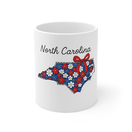 North Carolina Floral State Mug – 11oz Patriotic Red & Blue Gift